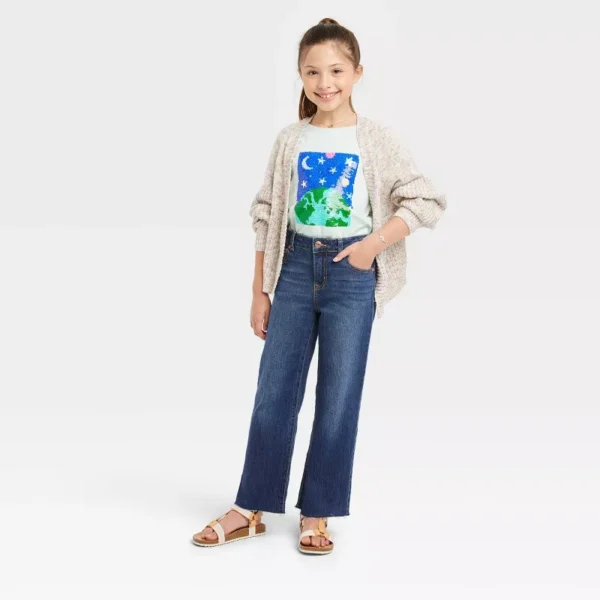 Girls' Mid-Rise Wide Leg Crop Jeans - Cat & Jack Dark Wash (Size: 6) - Image 3