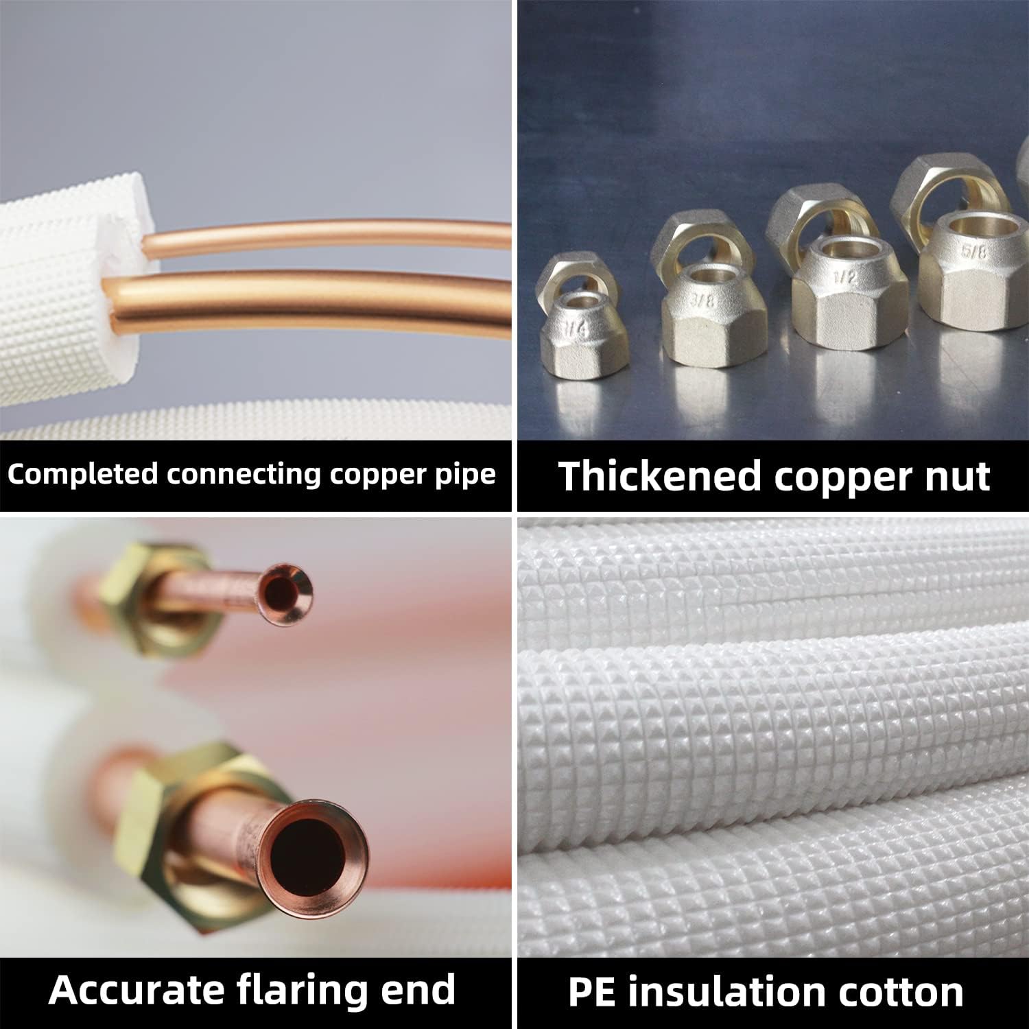 TADERUILY 33 Ft Mini Split Line Set,Air Conditioning Copper Tubing Pipe Extension,1/4″ & 1/2″ 3/8″ PE Thickened for AC and Heating Equipment Insulated with Nuts.