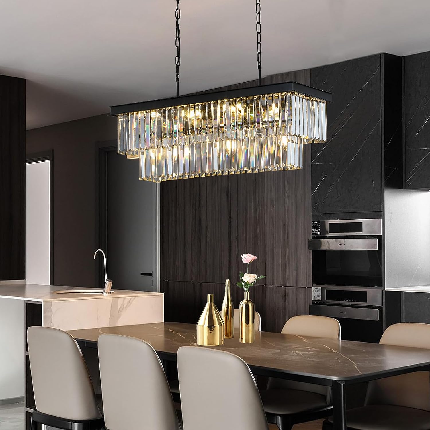 11-Light Black Modern Crystal Chandelier for Kitchen Island Bar